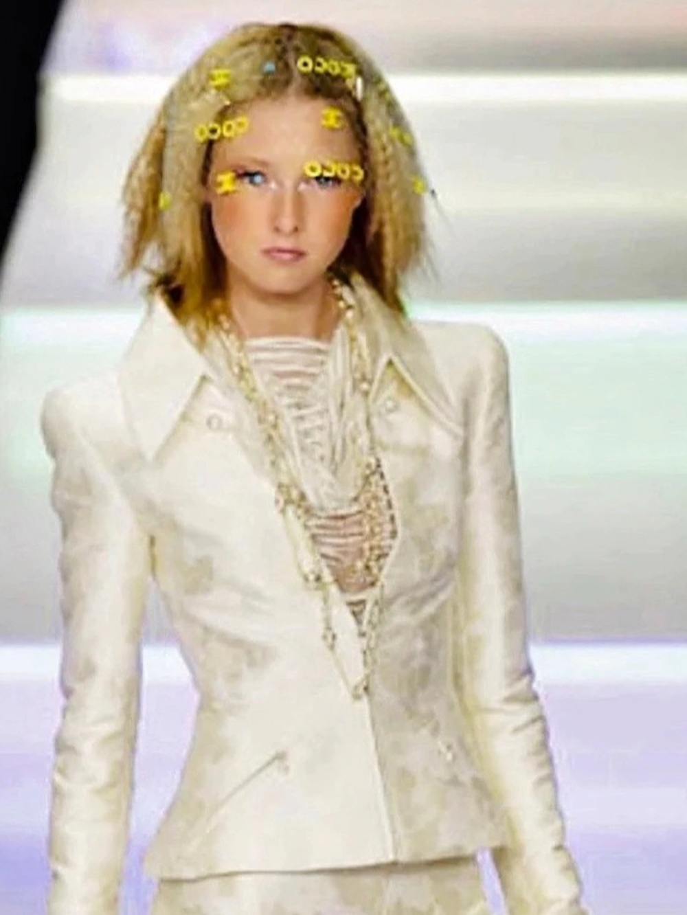 Chanel Vintage Ivory Silk CC Camellia Jacquard Pearl Blazer Jacket